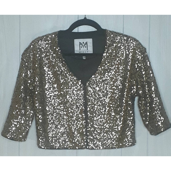 Milly Cropped Black and Gold Sequin Jacket Size Small Cropped Sleeves - Picture 1 of 5